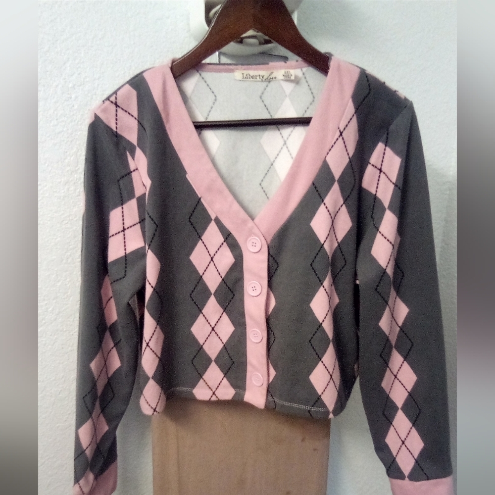 🍀Liberty Love Pink and Gray Argyle Cardigan